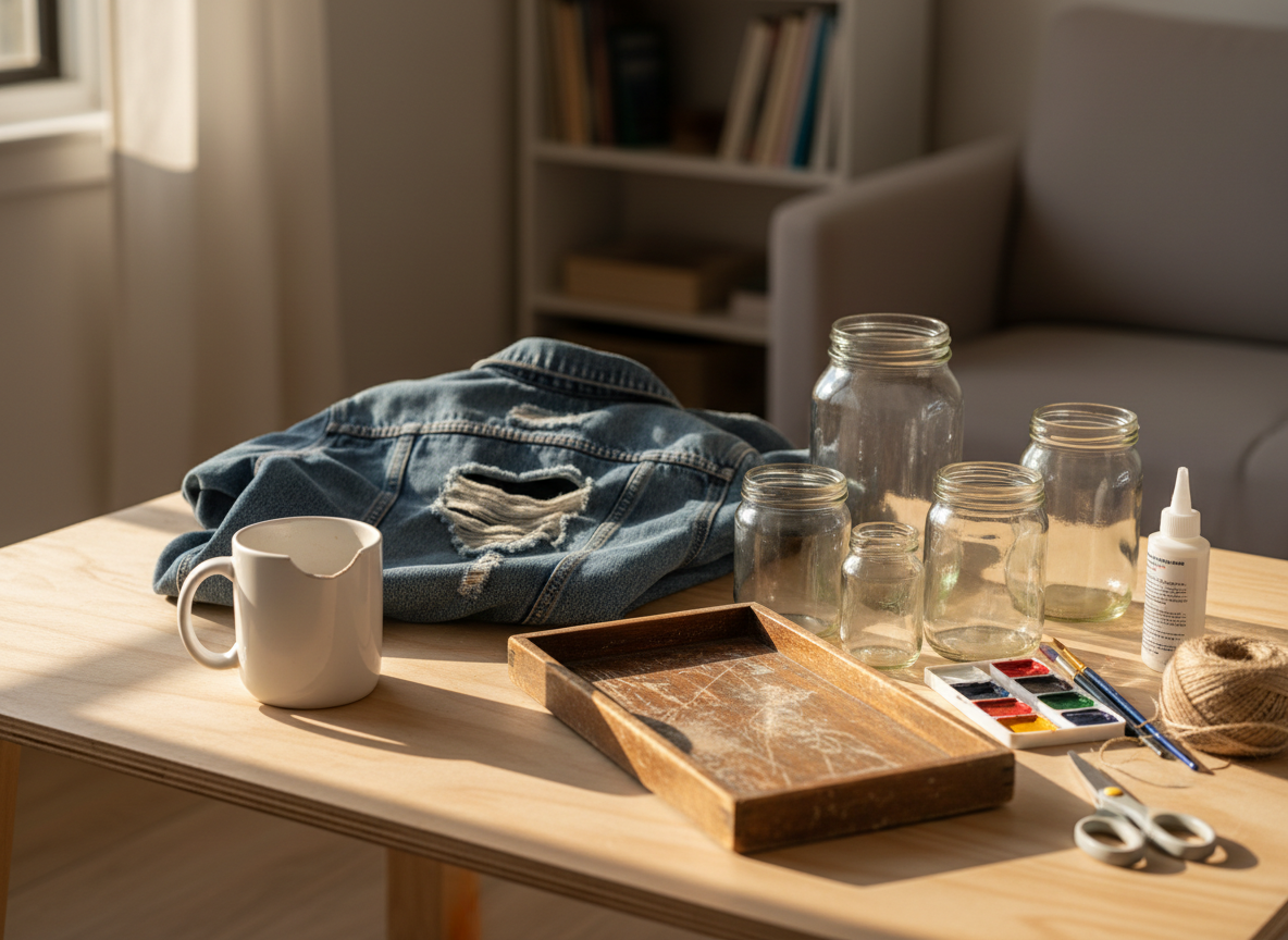 A bright, cluttered-but-charming DIY worktable covered with everyday “blunders” waiting to be upcycled: a chipped white ceramic mug, a torn denim jacket, mismatched glass jars, and a scratched wooden tray. Beside them, simple tools like child-safe scissors, a small paint set, craft glue, and a roll of jute twine are neatly arranged on a pale plywood surface. Soft afternoon daylight pours in from an unseen window, creating gentle shadows and highlighting textures of fabric, glass, and wood. Photographic realism with an eye-level composition, shallow depth of field softly blurring a cozy, neutral-toned room in the background. The mood is playful and encouraging, suggesting beginner-friendly creativity and sustainable reuse rather than perfection.