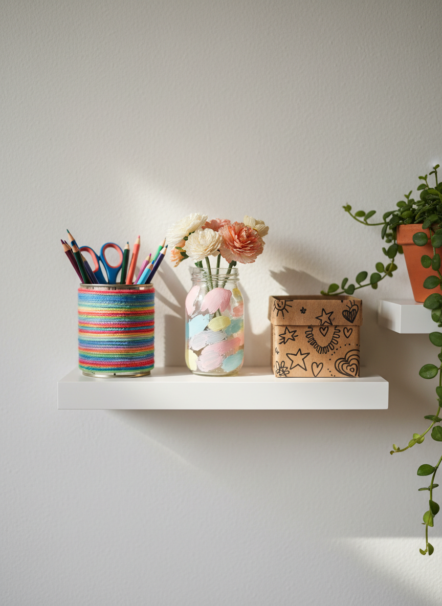 A set of three everyday items transformed into playful home décor displayed on a simple white shelf: a tin can turned into a striped pencil holder wrapped in colorful yarn, a glass jar painted into a tiny pastel vase holding paper flowers, and a cardboard box remade as a small storage bin covered in brown kraft paper with hand-drawn doodle patterns. The shelf is mounted on a light, slightly textured wall with a small trailing plant in a plain terracotta pot nearby. Soft, diffused morning light from the side creates subtle highlights on the jar and gentle shadows under each object. Photographic realism, shot at eye level with crisp focus and a clean, minimalist composition. The atmosphere feels lighthearted, accessible, and budget-friendly.