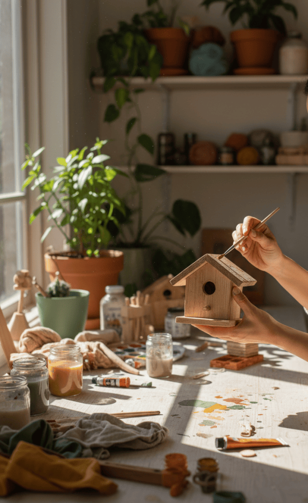 Warm portrait of a person crafting at a sunlit wooden table, hands painting a small upcycled object, cozy home studio with plants and craft supplies in soft focus behind them, natural light, earthy inviting tones, editorial lifestyle photography, portrait orientation, no text.