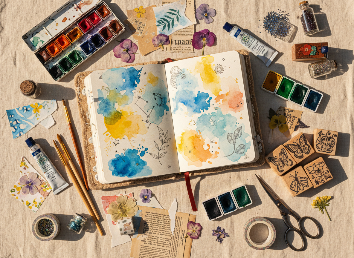 Flat lay of vibrant art supplies including watercolor paints, paintbrushes, sketches, pressed flowers, a creative journal, handmade artwork, and artistic materials arranged on a colorful creative workspace