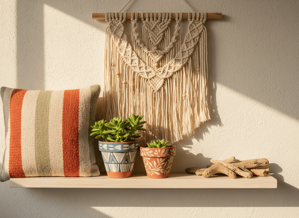 Cozy handmade home decor: a macrame wall hanging, hand-painted terracotta pots with succulents, woven cushion, and a small driftwood display on a cream painted wall shelf. Warm light, artisan aesthetic, no text.